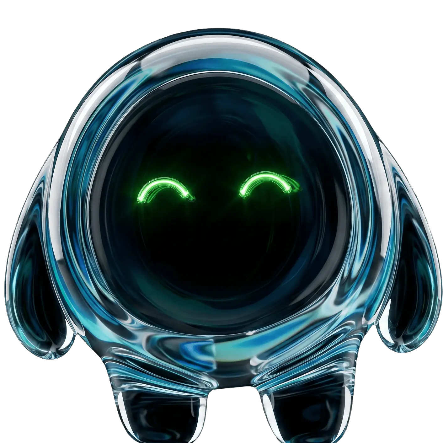 Britr, la mascota de vidrio de Spacecols, con los ojos de neón verde
