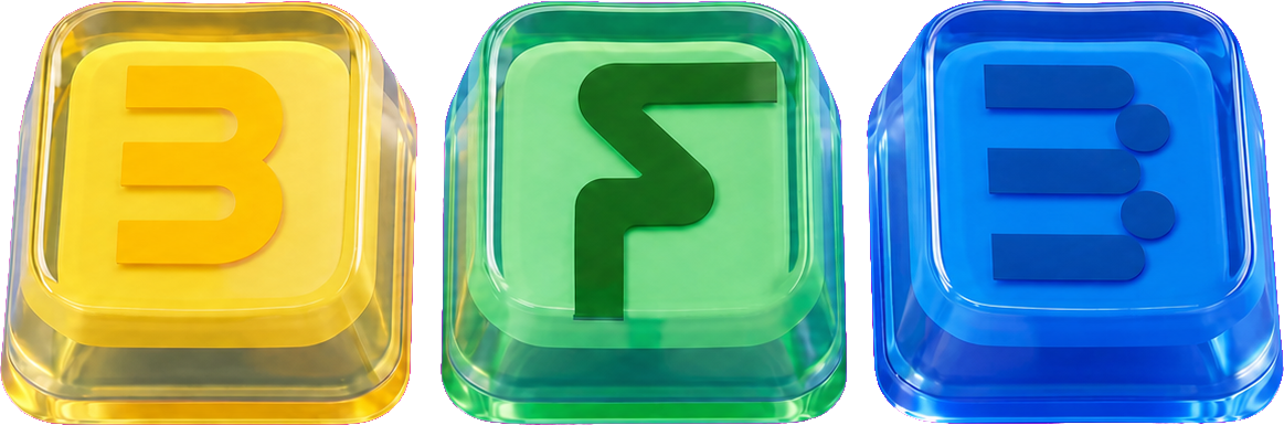 Las tres teclas de vidrio de Slabs: Brand en amarillo, Flow en verde y Build en azul